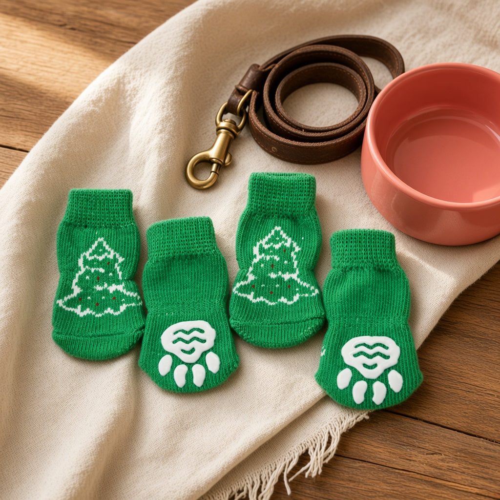 Pack de cuatro calcetines antideslizantes verdes para perros