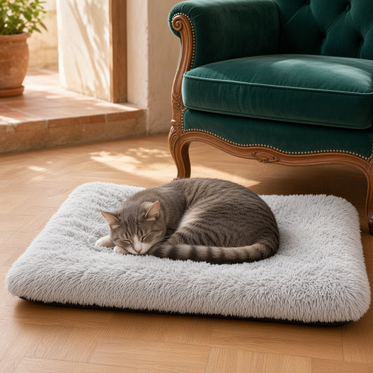 Gato mayor dormido en la cama de felpa gris junto a un sillón