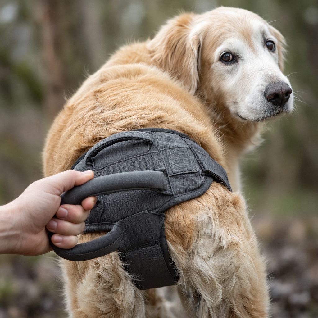 Detalle del arnés de soporte trasero con asa acolchada en un perro mayor