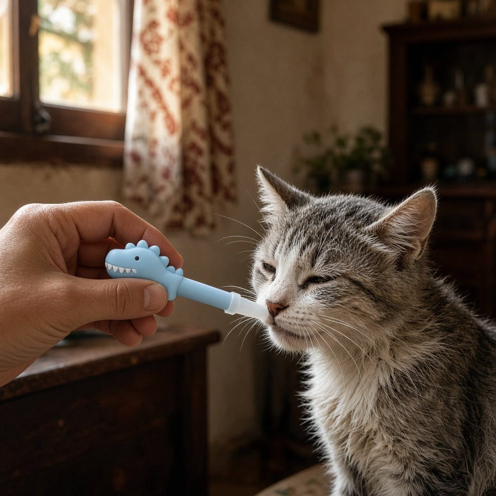 Dando una pastilla a un gato mayor con el lanzapastillas azul