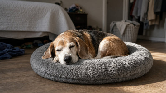 Beagle mayor durmiendo en una cama de felpa