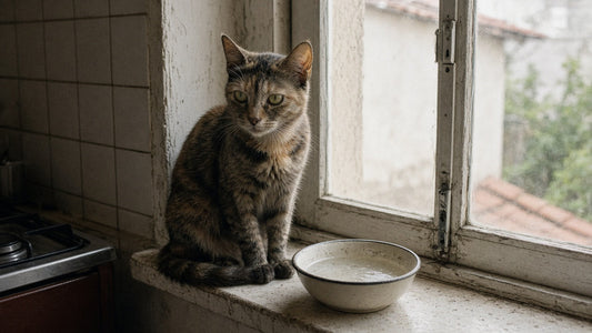 Gata mayor junto a un cuenco de agua en la ventana