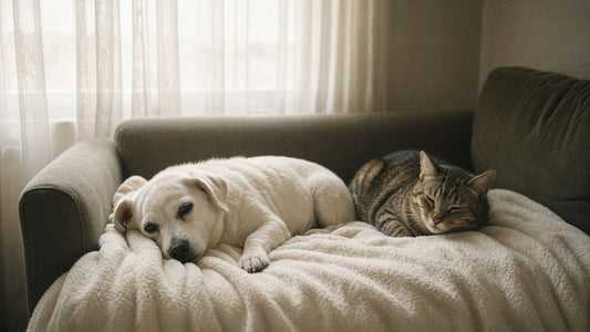 Perro y gato mayores descansando sobre una manta