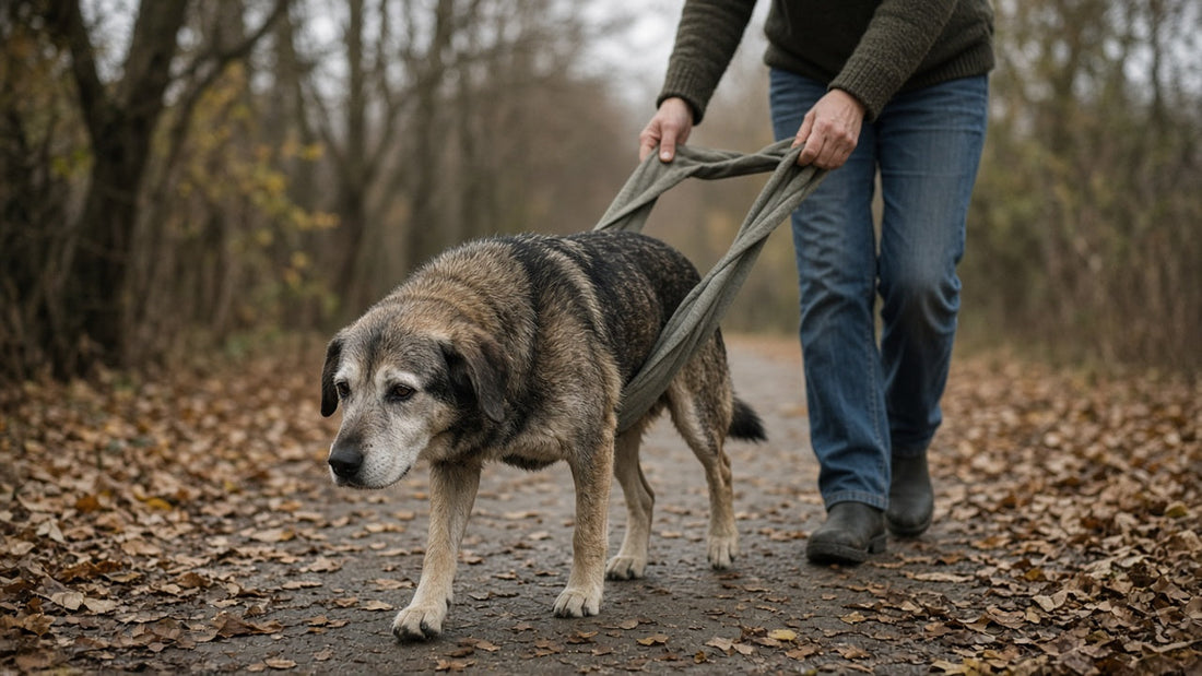 Perro mayor paseando con ayuda de un arnés trasero
