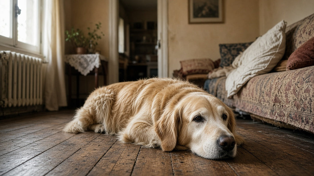 Golden retriever mayor tumbado en el suelo de casa