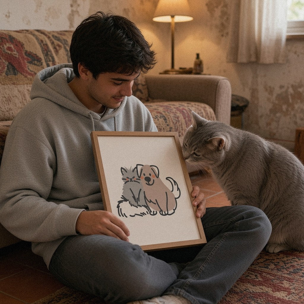 Joven con su gata mayor y la lámina Silver Paw