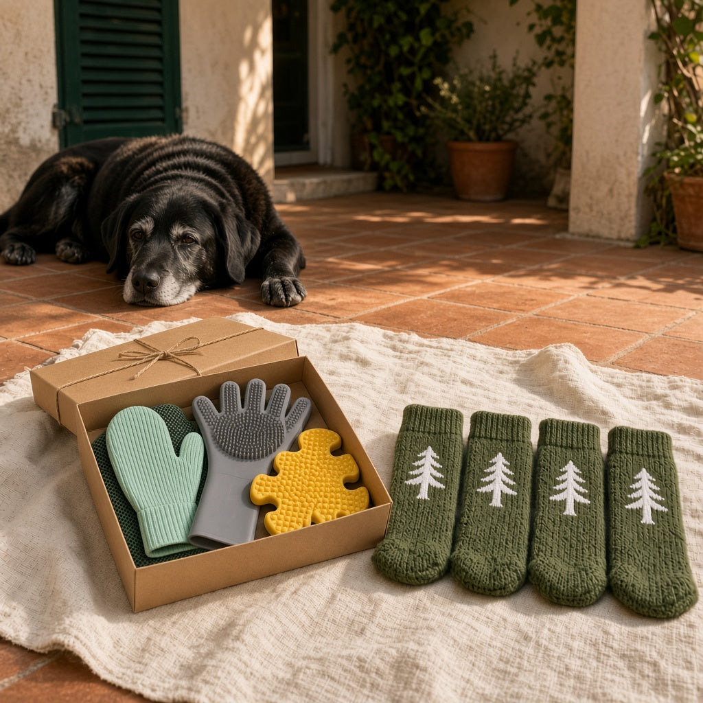Packs Silver Paw: guante quitapelo, guante de baño de silicona, alfombrilla lamedora y calcetines antideslizantes en caja regalo junto a un labrador mayor