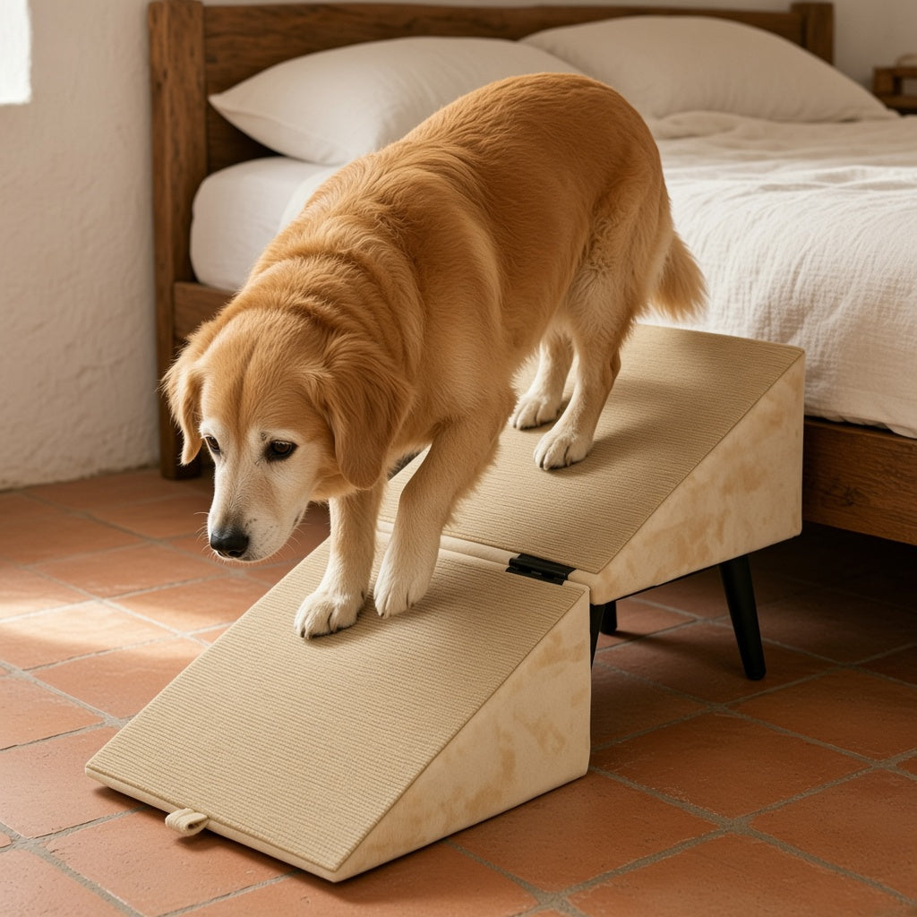 Golden retriever mayor bajando de la cama por la rampa plegable 2 en 1