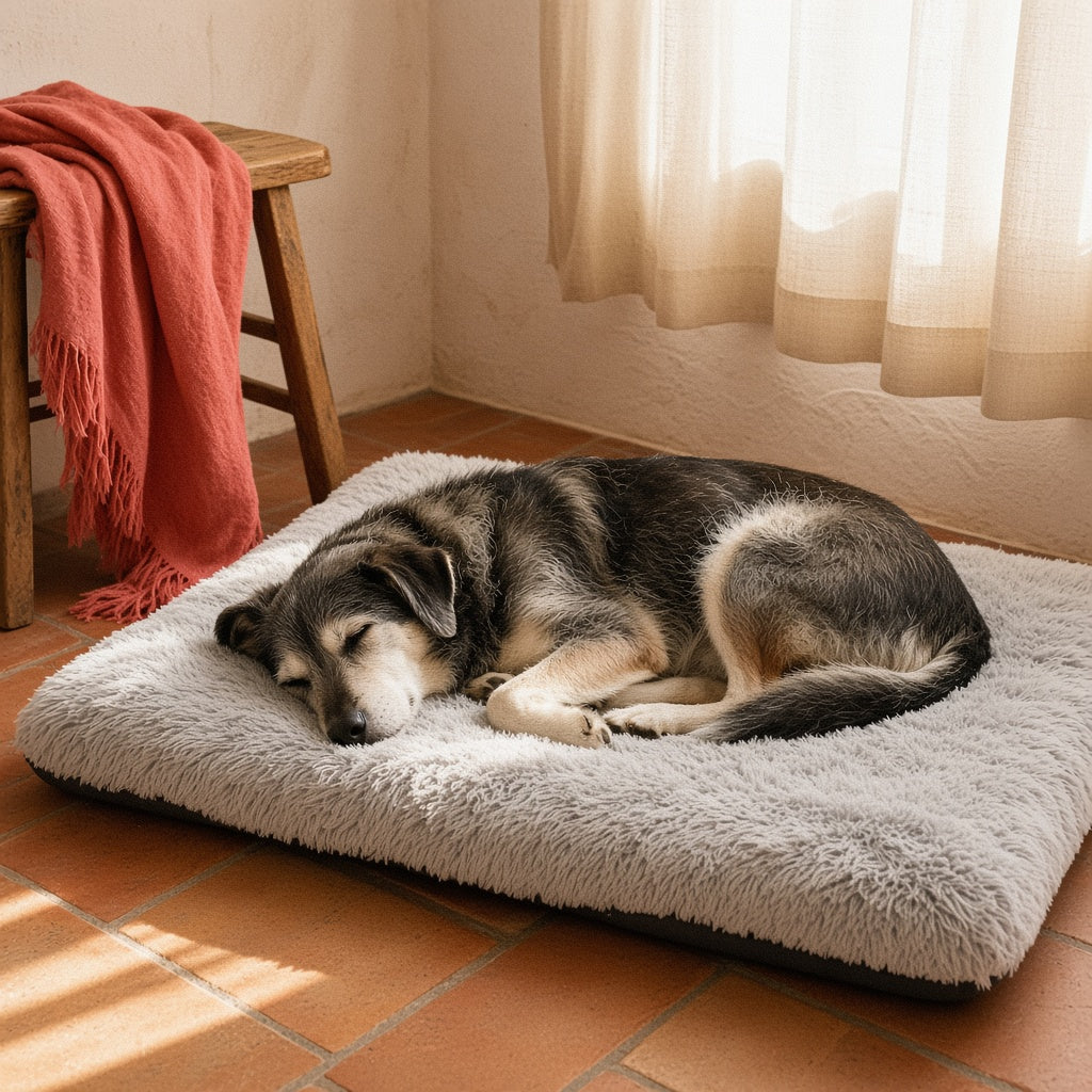 Perro mayor durmiendo en la cama de felpa con espuma viscoelástica