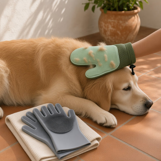 Guante quitapelo y guantes de baño de silicona con un perro mayor
