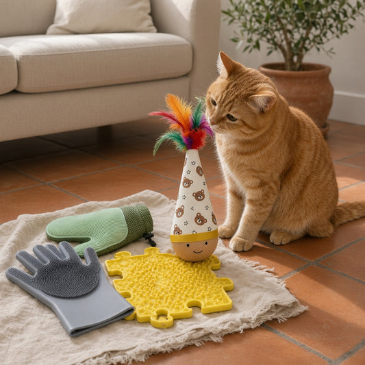 Pack Cuidado Completo con guantes, alfombrilla lamedora y tentetieso para gatos