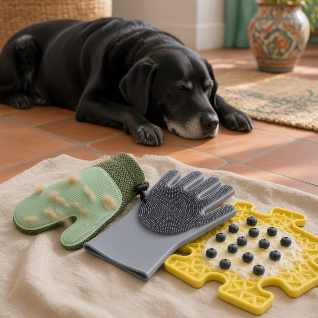 Pack Cuidado Senior: guante quitapelo, guantes de baño y alfombrilla lamedora