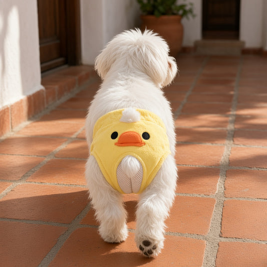 Perro mayor caminando con pañal lavable de patito visto por detrás