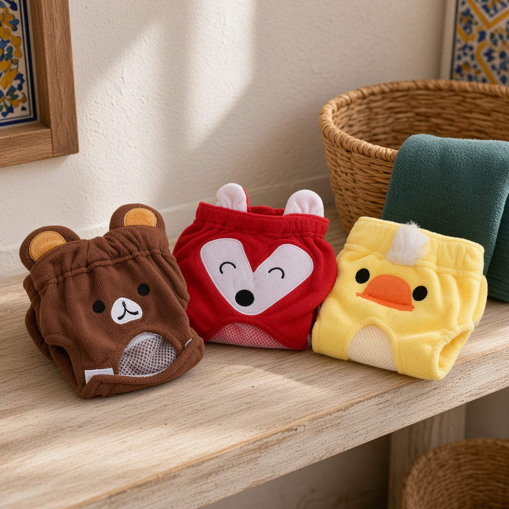 Tres pañales lavables para perro con diseños de oso, zorro y patito
