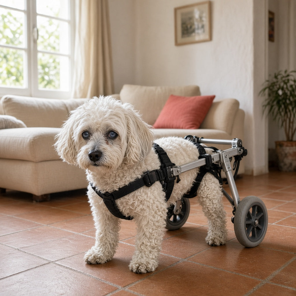 Perro mayor de pelo blanco con la silla de ruedas trasera en un salón luminoso