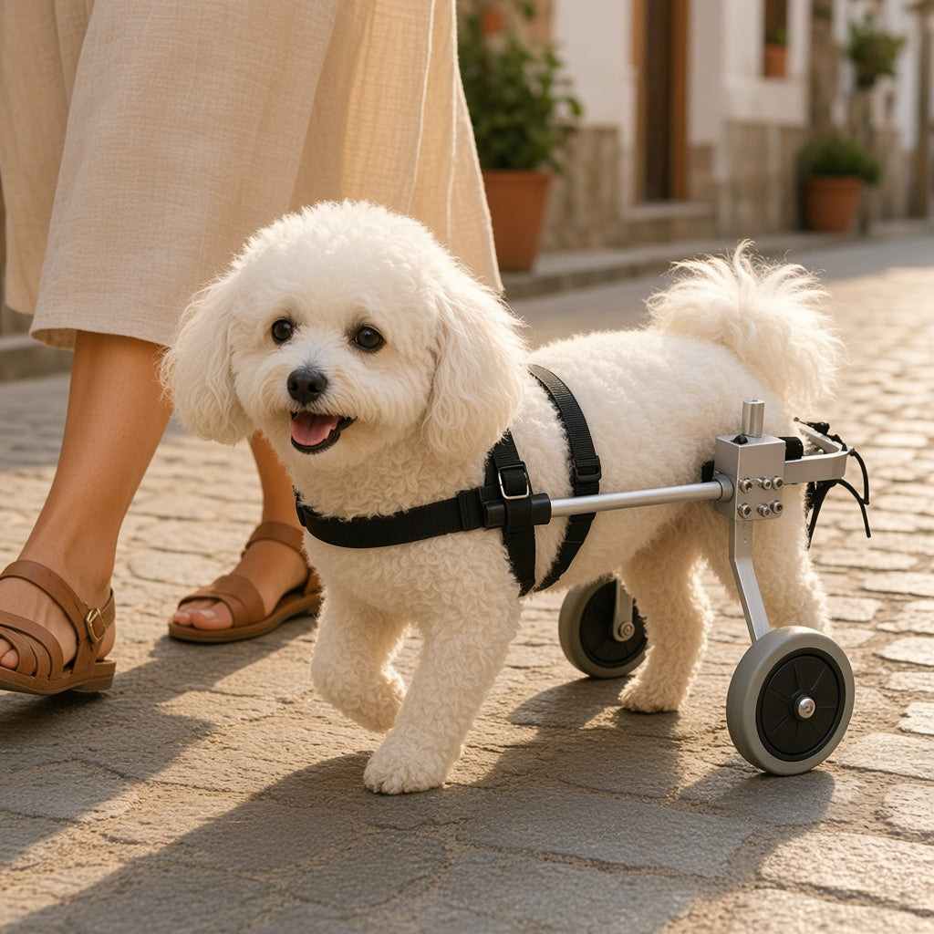 Perro pequeño paseando por la calle con la silla de ruedas trasera ajustable