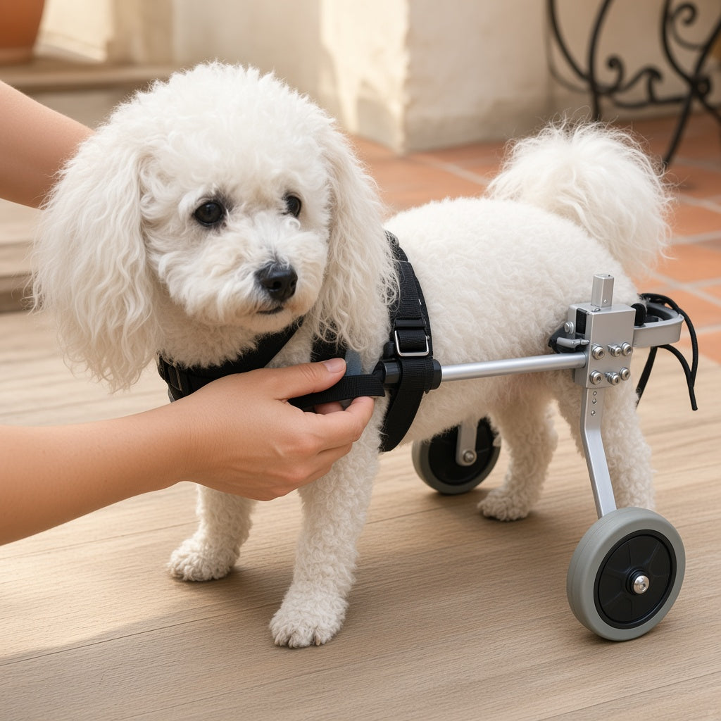 Ajuste de las correas de la silla de ruedas trasera en un perro mayor