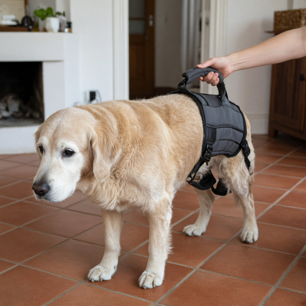 Golden retriever senior de cara canosa con el arnés de soporte trasero y asa en casa