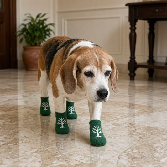 Beagle mayor de hocico canoso caminando sobre mármol con calcetines antideslizantes verdes