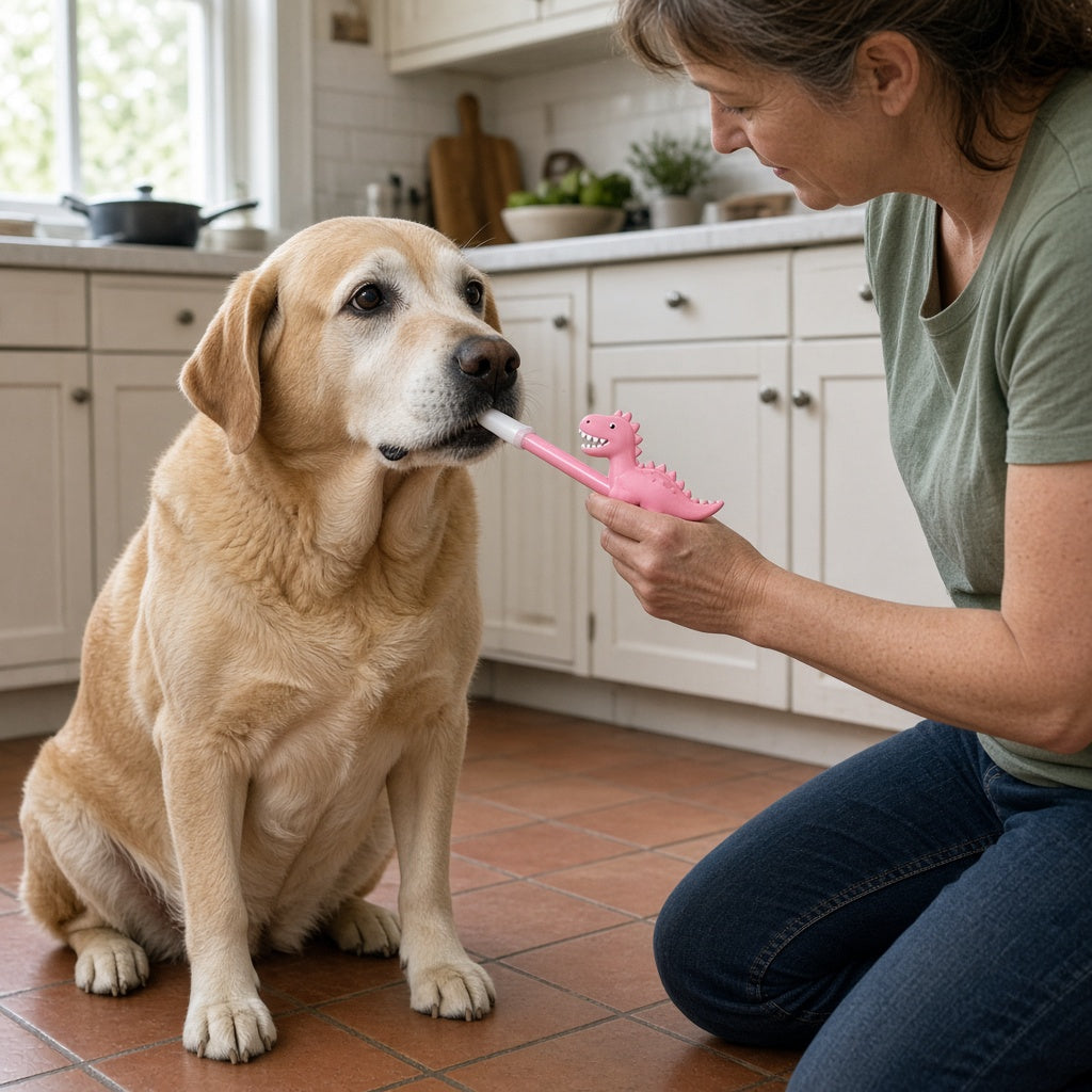 Labrador mayor de hocico canoso tomando una pastilla con el lanzapastillas rosa