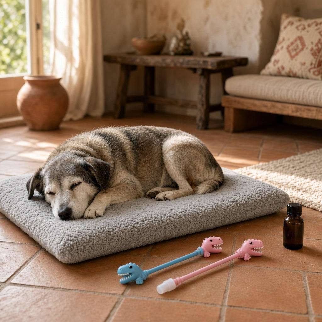 Pack Descanso y Cuidados: perro mayor en la cama de felpa viscoelástica junto a los lanzapastillas azul y rosa
