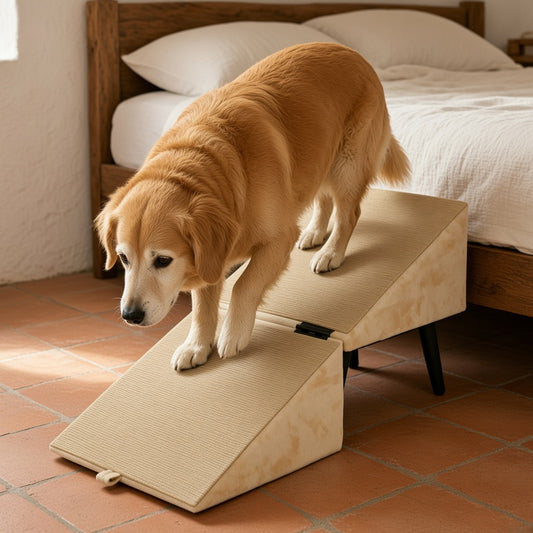 Golden retriever mayor de hocico canoso bajando de la cama por la rampa plegable 2 en 1